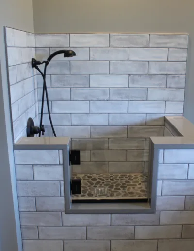 A bathroom with a shower and a sink.